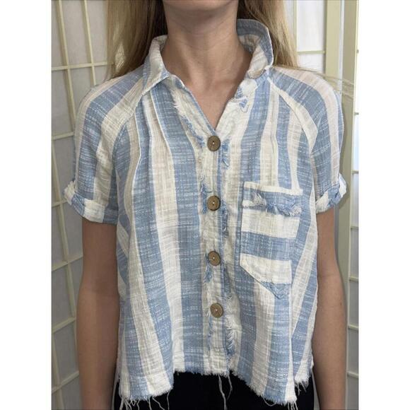 We the Free Classic Boho‎ Beach Gauze Cropped Fringe Striped Button Blouse Small - Picture 5 of 15